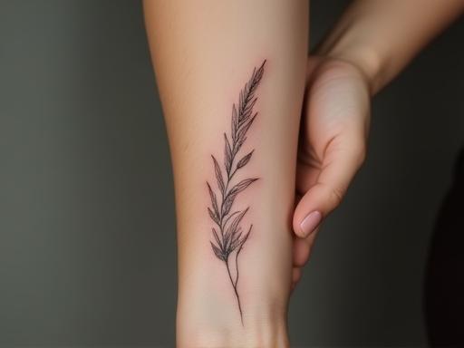 Delicate fine line botanical tattoo on forearm