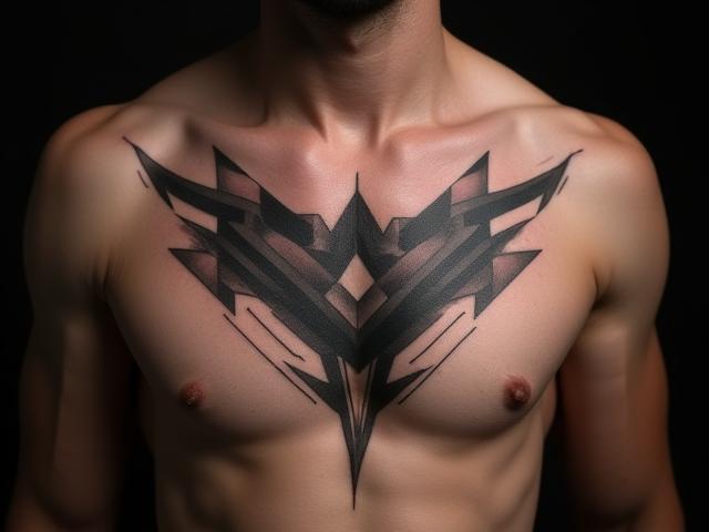 Bold geometric chest piece tattoo