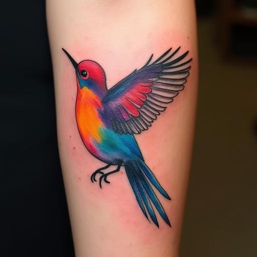 Vibrant watercolor style bird tattoo